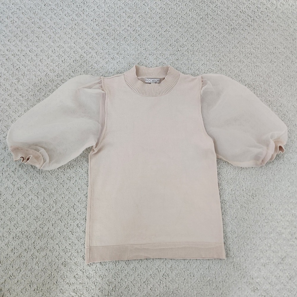 Beige Sheer Puff Sleeve Mock Neck Sweater Top size Small